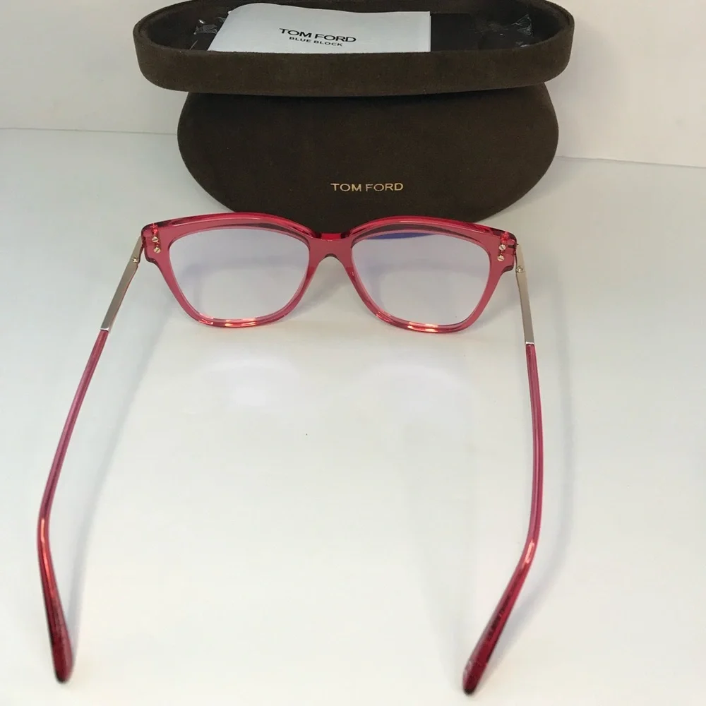 New Authentic Tom Ford FT5704-B 066 Transparent Raspberry/ Blue Block Eyeglasses